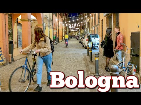 Night life in Bologna. Italy  - 4k Walking Tour around the City - Travel Guide. #Italy