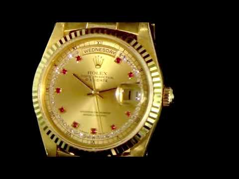 Men's 18k Yellow Gold Rolex Day Date Automatic Wristwatch with Original Ruby and Diamond Dial