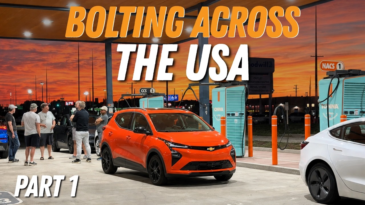 2027 Chevy Bolt plugged into an IONNA charging station on a cross-country road trip