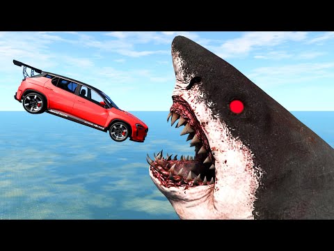 Beamng Drive - Cars Jumping into Mouth of Scary Sharks | Random Vehicles Total Destruction