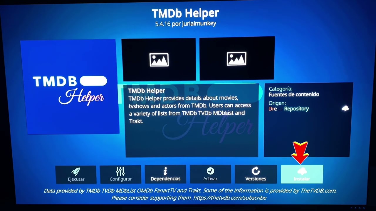 Instalar Addon TMDbHelper en Kodi.