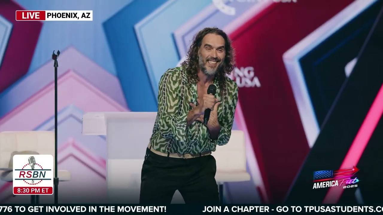 WATCH: Actor and Comedian Russel Brand Entertains the Audience at AmFest - 12/18/25