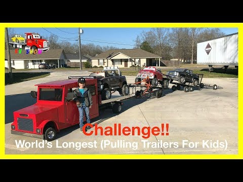 World's Longest Trailers Pulling Challenge! Powered Ride on Trucks and Mini Rollback For Kids