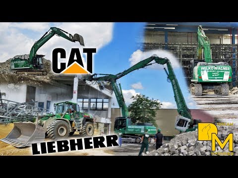 CATERPILLAR 349E + LIEBHERR 954 LONGFRONT BAGGER ABBRUCH EINER LAGERHALLE BAUSTELLE