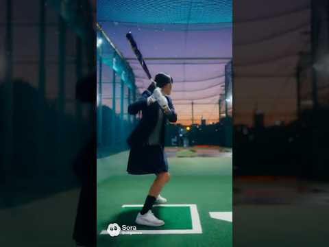 日本の女子高生がバッティングセンターで野球を打ち