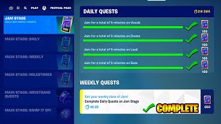 Complete Daily Quests on Jam Stage Fortnite Jam for a total of 5 minutes on Vocals, Drums, Lead Bass