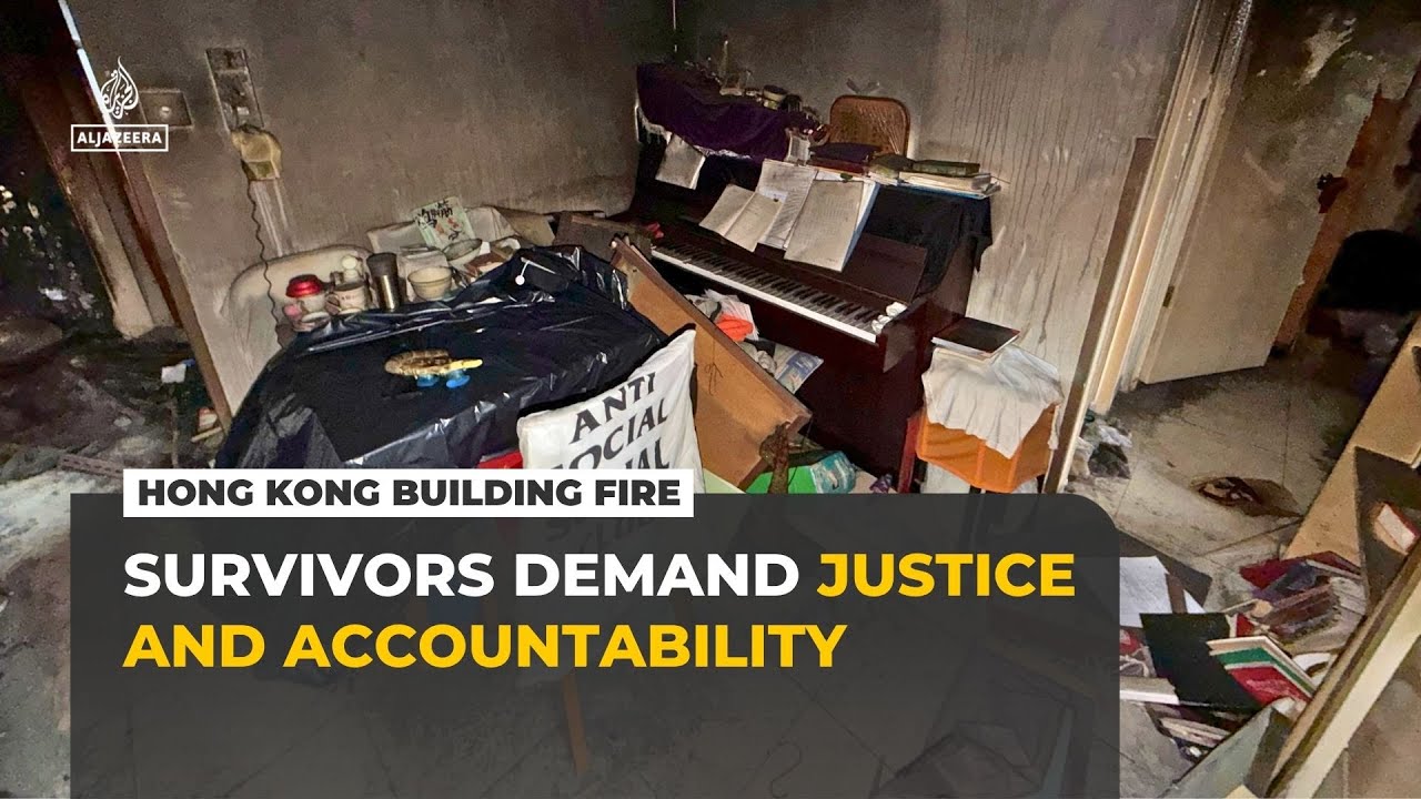 Hong Kong fire survivors revisit burned tower, demand accountability