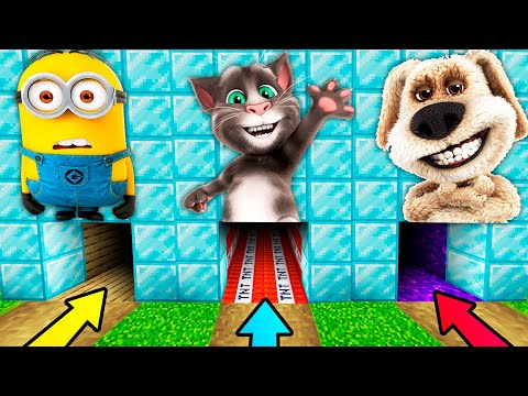 What's INSIDE the SECRET TUNNELS in Minecraft? I found BEN, TOM AND MINION!  Talking tom talking ben