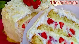 Como fazer Bolo de Aniversário de Ninho com Morangos - Quase 3 quilos de bolo!!! Serve 25 convidados