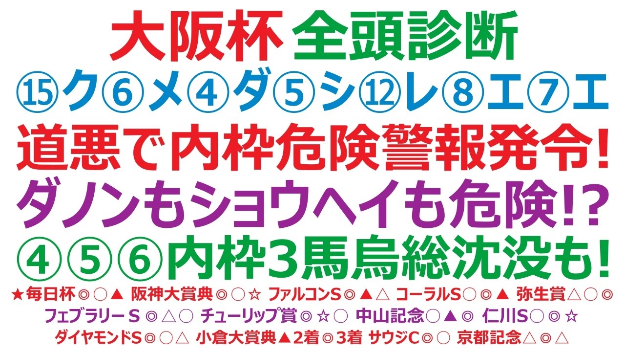大阪杯2026・全頭診断　⑮ク⑥メ④ダ⑤シ⑫レ⑧エ⑦エ　道悪で、内枠人気馬に危険警報発令！④ダノン、⑤ショウヘイも実は危険！？④⑤⑥内枠3馬烏に総沈没の危機！怖いのはアノ外枠の馬！