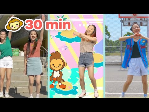 Three-panel thumbnail of women dancing for a 30-minute workout video, with a monkey logo and bright backgrounds.
