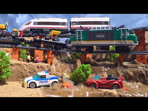 Two Bridges Collapse And LEGO Trains Crashes Into Water - LEGO Dam Breach - LEGO Flood Disaster
