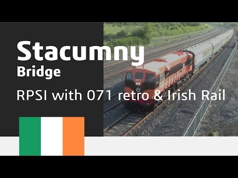 RPSI 071 retro+Cravens railtour & Irish Rail ICR intercity services pass under Stacumny Bridge HD