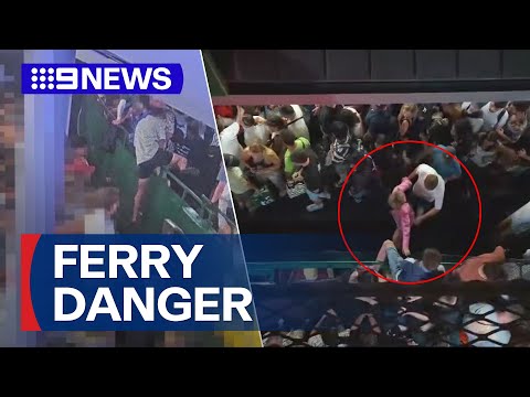 CCTV footage shows crowd jumping from packed wharf onto ferry | 9 News Australia