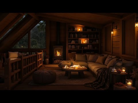 Cozy Attic Hideout Ambience with Soothing Jazz & Calming Rain Sounds on Window for Peaceful Night