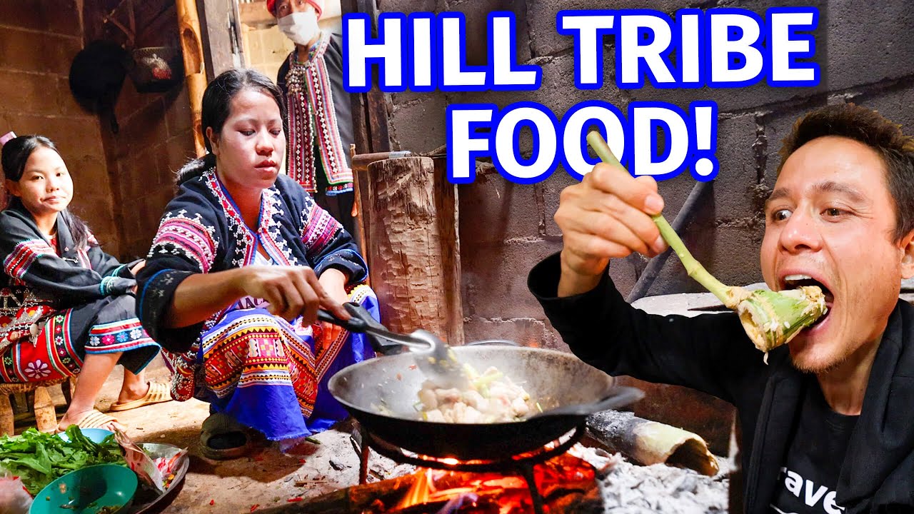Hill Tribe Food! WILD BANANA BLOSSOM with Lahu People - Mountain Village!