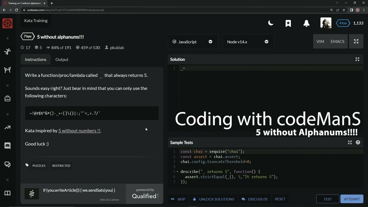 Codewars 7 kyu 5 without Alphanums!!! Javascript