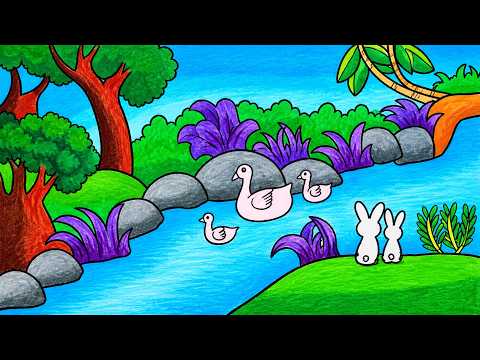 How To Draw Easy Scenery | Drawing Duck In River _ Oil Pastel Drawing