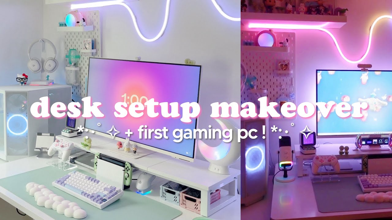 cozy desk setup makeover 🎀 first gaming PC, nzxt player one unboxing, aesthetic cute decor + tour