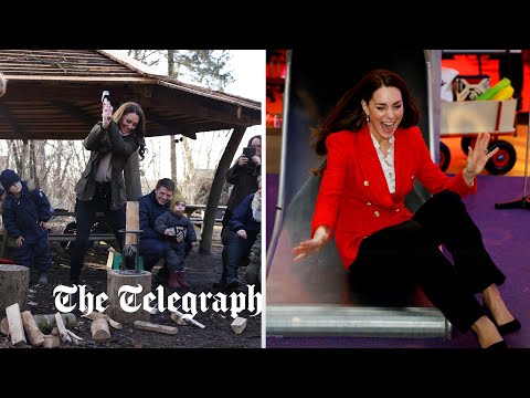 Duchess of Cambridge tries her hand at wood chopping and slides down a helter skelter in Denmark