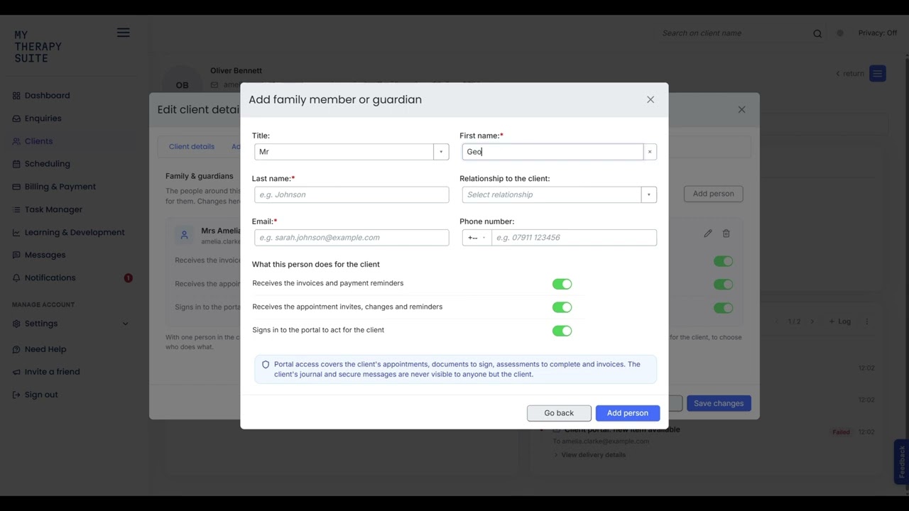 Onboard a client through their parent or guardian demo