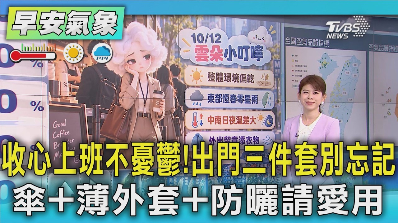 天氣/ 收心上班不憂鬱!出門三件套別忘記 傘+薄外套+防曬請愛用｜氣象主播 謝宜倫｜早安氣象｜TVBS新聞 20261012 @TVBSNEWS01