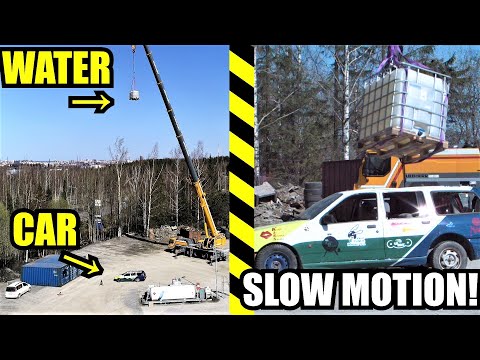 1000KG WATER TANK Vs. CAR from HUGE Crane