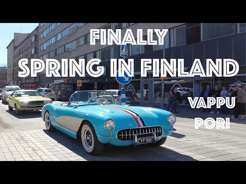 A walk through a Finnish city in spring.Vintage car parade. Pori. 4K