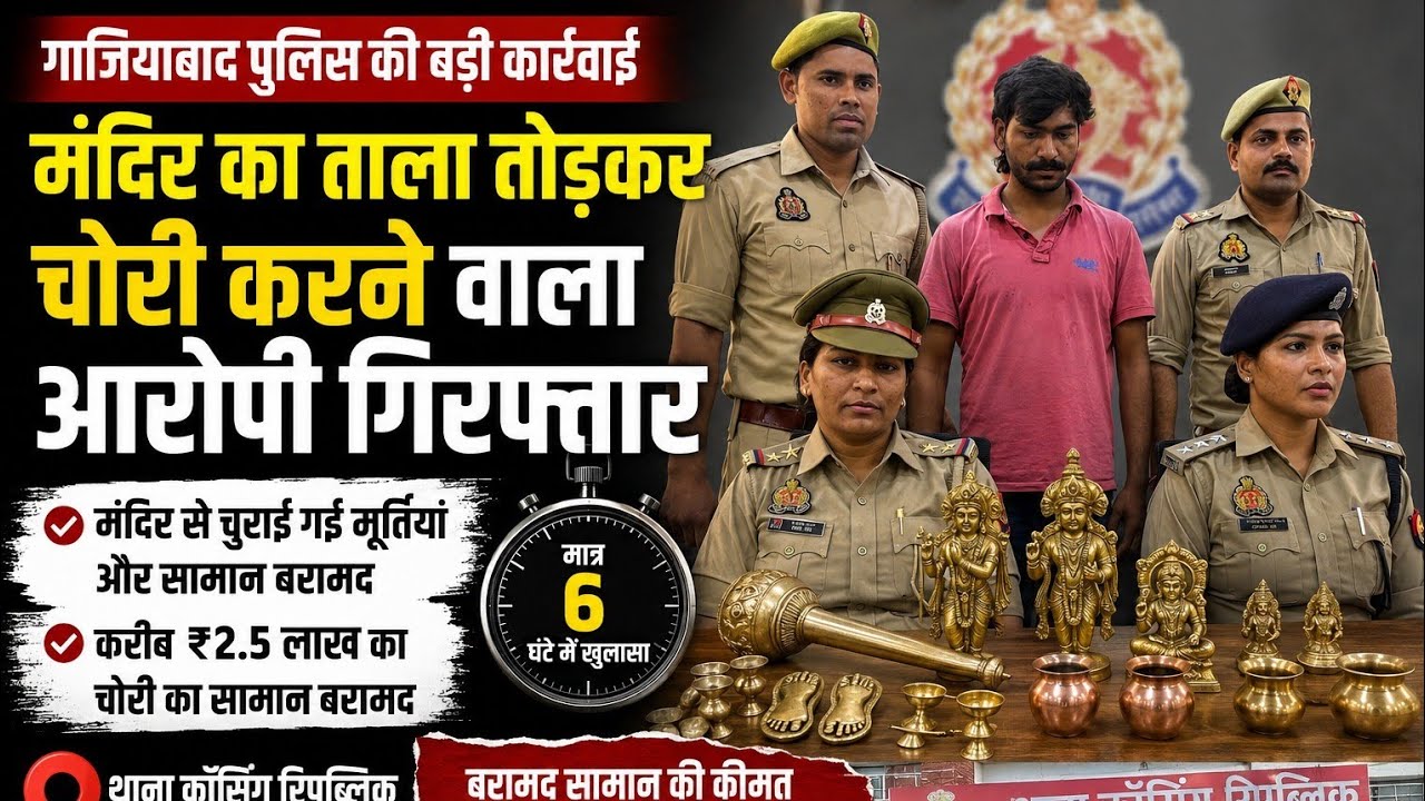 गाजियाबाद: मंदिर का ताला तोड़कर चोरी करने वाला आरोपी गिरफ्तार थाना क्रॉसिंग रिपब्लिक पुलिस ने मंदिर का ताला तोड़कर मूर्तियां एवं अन्य सामान चोरी करने वाले 24 वर्षीय अभियुक्त दानिश पुत्र बबलू को गिरफ्तार किया है।