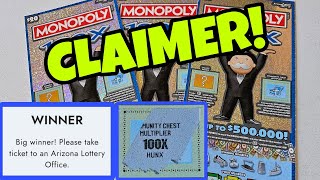 CLAIMER!💥 HUGE WIN On The New $20 Monopoly Arizona Lottery Scratchers
