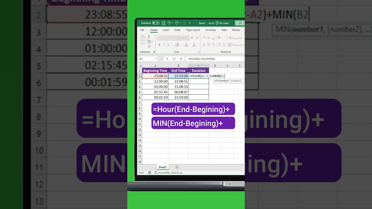 Calculate duration in hours, minutes and seconds 😊 #excel #excelformula #exceltutorial