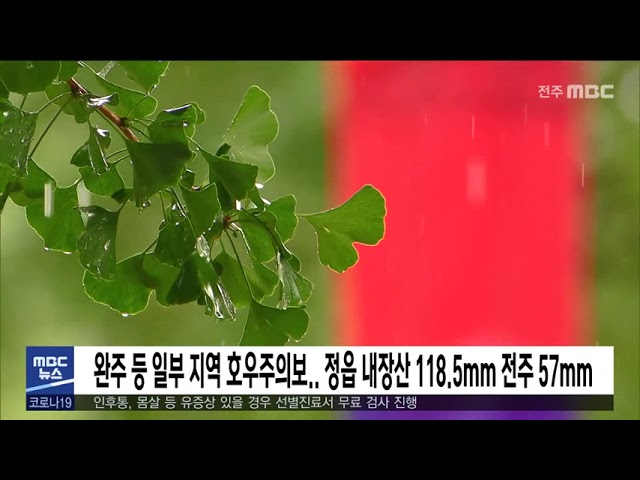 완주 등 일부 지역 호우주의보 정읍 내장산 118,5mm 전주 57mm