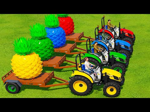 MINI TRACTORS OF COLORS ! GIANT COLORED PINEAPPLE TRANSPORT WITH MINI NEW HOLLAND TRACTORS! FS 22