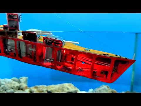 Cardboard ship sinking, shipwreck model of the battleship Novorossiysk or Giulio Cesare in section