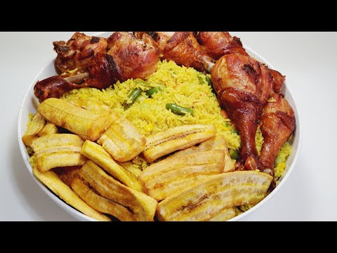 Perfect Rice Mixed with Vegetables and Brown Fried Chicken with Fried Plantain on the Side