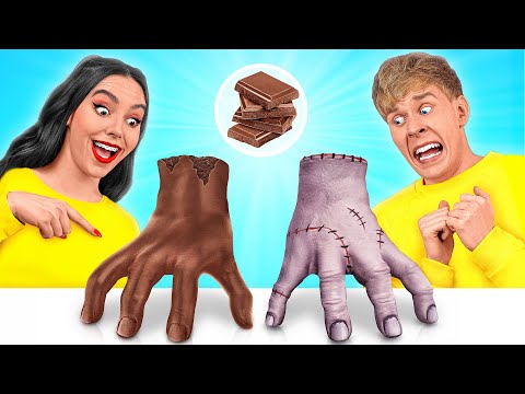 Real Food vs Chocolate Food Challenge with Wednesday Addams Multi DO Challenge