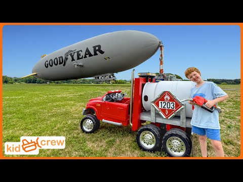 Flying Goodyear Blimp to film a race & fueling via kids airplane tanker truck Educational | Kid Crew