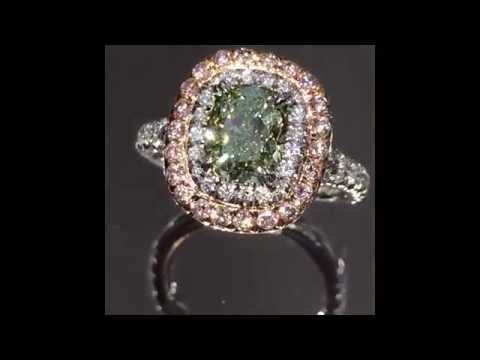 Green Diamond Engagement Ring in Double Halo with White and Pink Diamonds