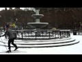 Skiing in Father Demo Square, Sixth Ave and Bleecker St, Greenwich Village, NYC.