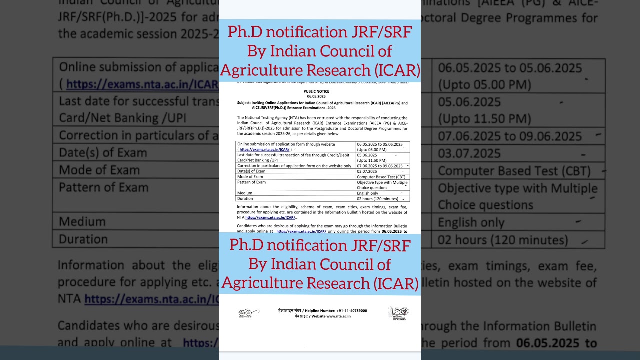 NTA ICAR Ph.D. JRF/SRF 2025 Notification Out | Fellowship Details, Eligibility & Apply Now! #JRF/SRF