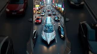 bluish-transparent coffin-shaped vehicle being autonomously gliding through traffic