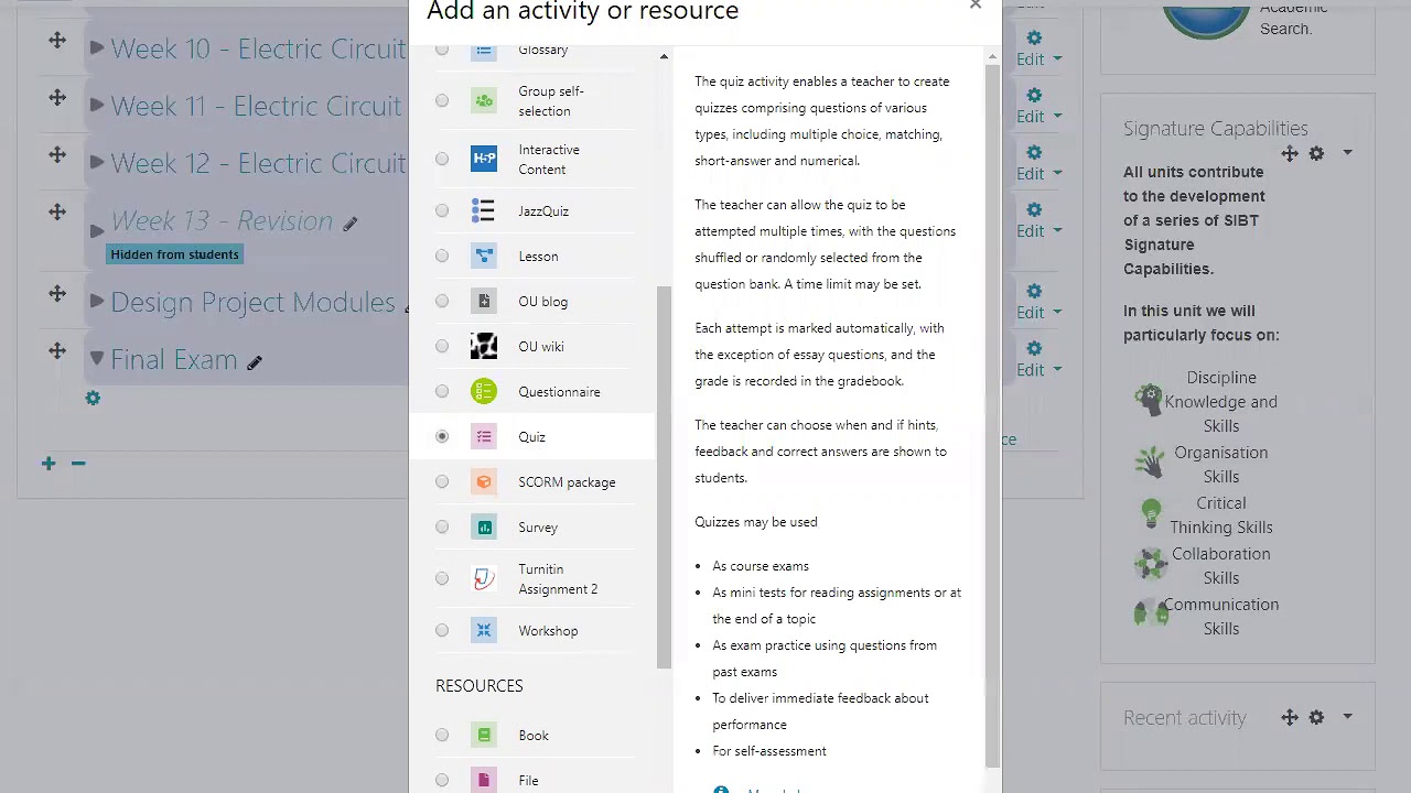 How to create final exam page in Moodle