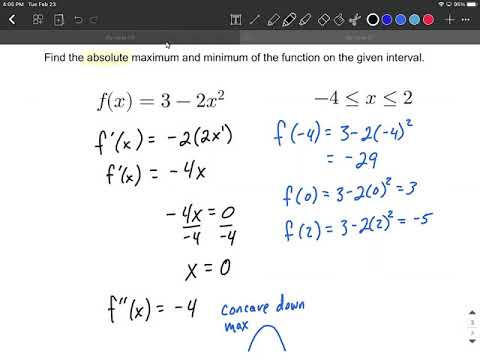 Find the absolute maximum and minimum of quadratic function on given interval
