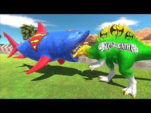 DEATH SWIM - SUPERMAN MUTANT MEGALODON vs IRON FIST SPINOSAURUS Animal Revolt Battle Simulator