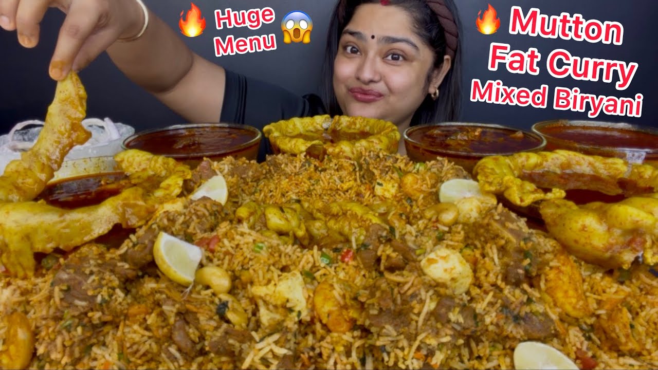 SPICY MUTTON FAT CHICKEN WITH MIXED DUM BIRYANI (MUTTON BIRYANI, PANEER AND VEGETABLE BIRYANI) ASMR