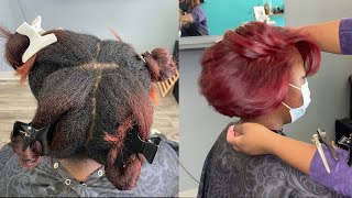How to color Natural THICK hair RED (NO BLEACH) - Silk Press on 4C Hair and BOB Cut