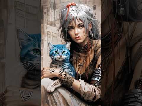 Mujer guerrera con gato atigrado azul