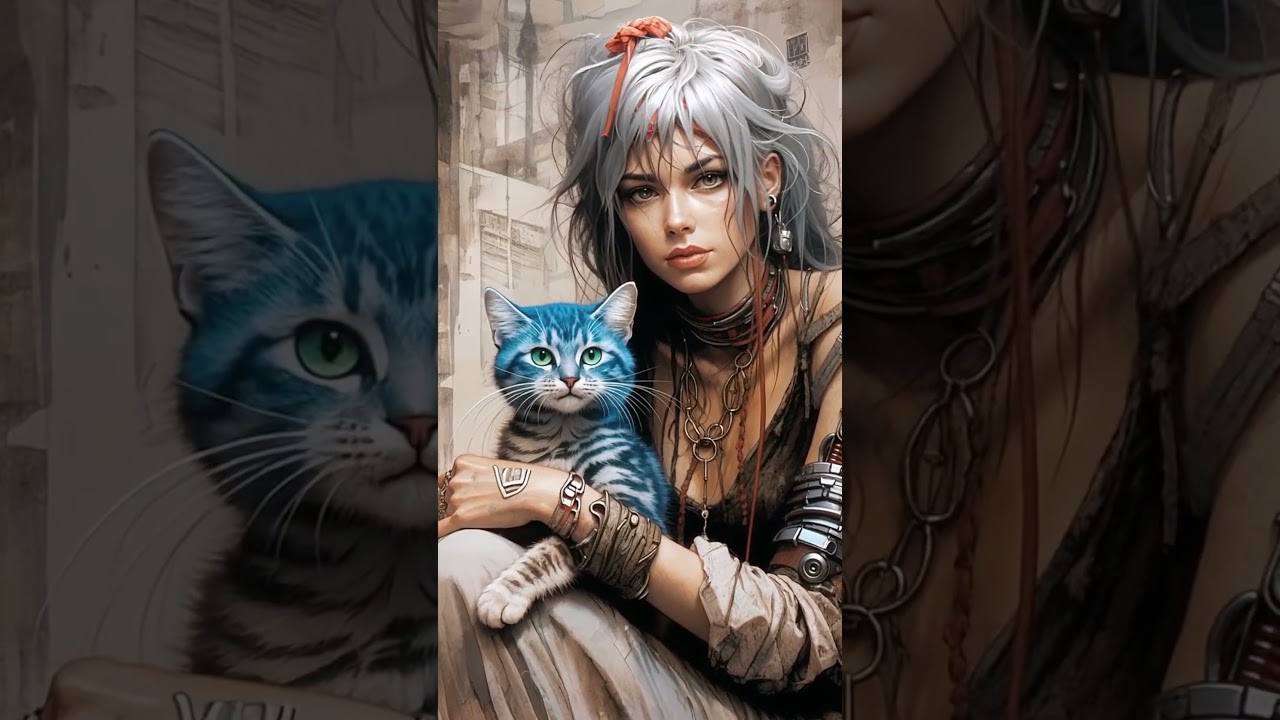  Mujer guerrera con gato atigrado azul