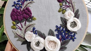 Artichokes and white roses wreath. May. Embroidery for beginners