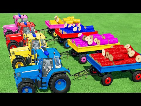 TRANSPORTING & LOAD WOOD CHIPS with COLORED POLICE TRACTORS & TRAILER! Farming Simulator 22